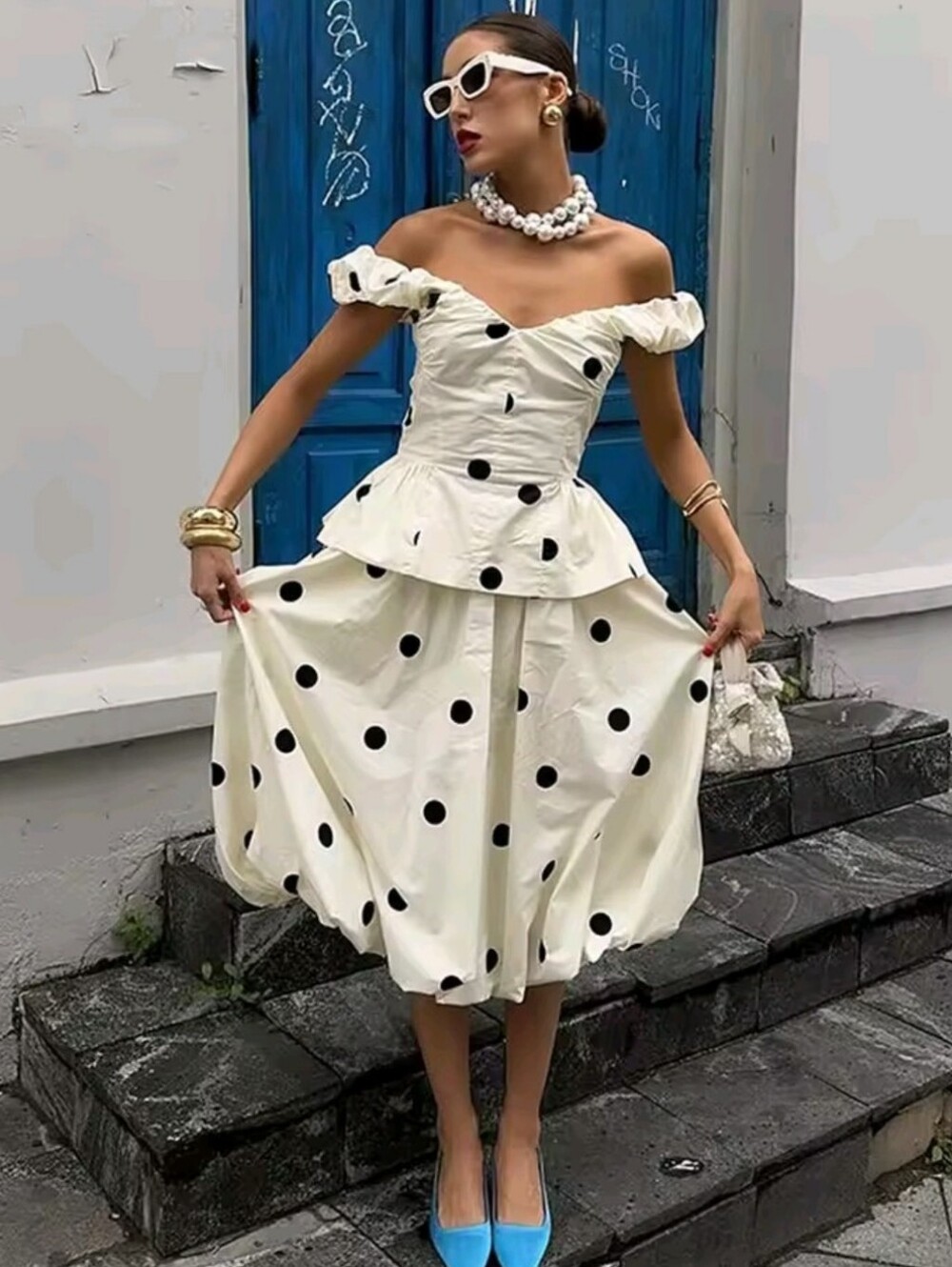 Women Polka Dot Top Long Skirt 2 Piece Set Elegant V-neck Sleeveless Slim Top Hi